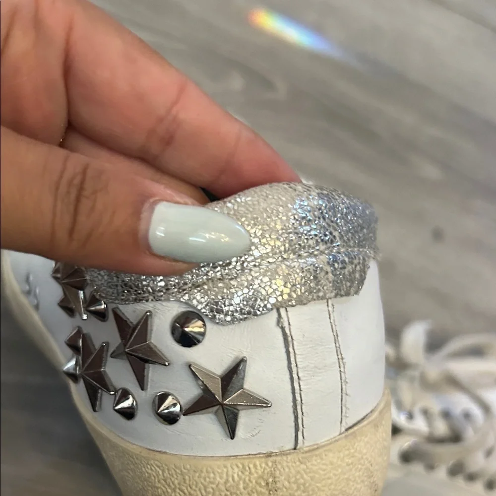 ASH Brand Women's Dazed Stars & Studs Leather Shoes Sneakers White Silver Sz 37
